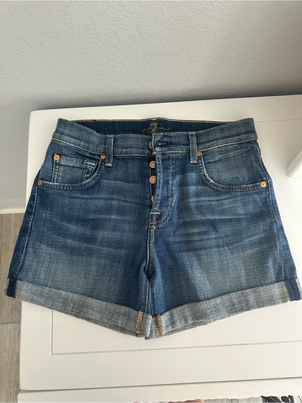 7 For All Mankind Rolled Hem Dark Blue Denim Shorts